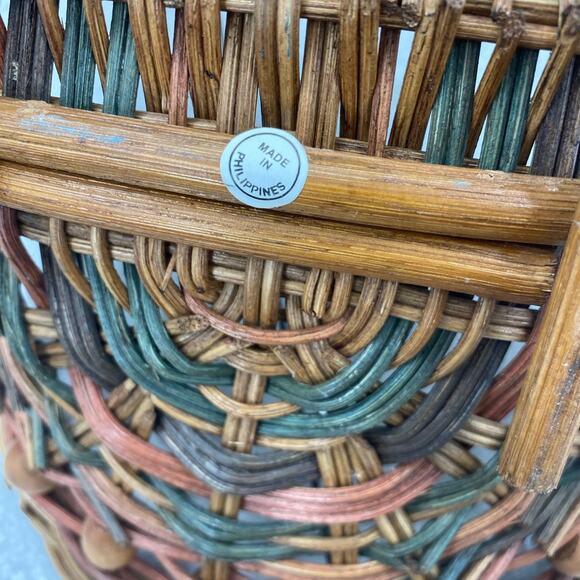 Vintage Woven Wicker Bamboo Beaded Basket - Philippines Made - Picture 7 of 9